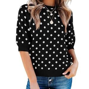 Black White Polka Dot Knit Short Sleeve Sweater Top - XL